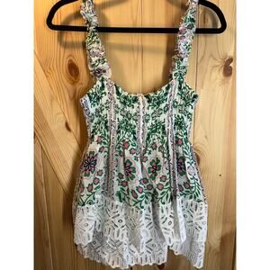 Tory Burch Floral Smocked Lace Trim Tank Top - Size 12